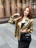Kylethomasw Y2k Golden Color Shirt Female Long Sleeve Luxury Elegant Blouse Women  Button Up Oversized Casual Spring Autumn Top Chic
