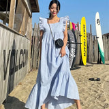 KYLETHOMASW  -  Summer Korean White Long Dress Women Ruffles Sweet Square Neck Backless A-Line Dress New Elegant Casual Women Clothes P739