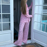 KYLETHOMASW  -  Bowknot Print Loungewear Comfy Soft Button Up Blouse Tops + Long Pants Women Autumn 2 Piece Set Sleepwear Cute Pajama Suit