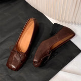 KYLETHOMASW  -  Retro Square toe folding Bowknot Soft Leather Women Pumps Ballet Style Thick High heels Casual Chunky Loafer Shoes