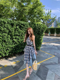 KYLETHOMASW  -  Korean Blue Plaid Camisole Dress Women's Summer Original Design Slim Paneled Irregular Dress Casual High-street Fashion Clothes