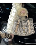 KIylethomasw Plush Large Capacity Tote Bag Women Y2k Grunge Subculture Brown Handbag Ladies Vintage Casual Crossbody Bag Bolso Mujer