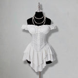 KYLETHOMASW  -  Jacquard Splicing Pleated Ruffle Edge Off-the-shoulder Multi-layer Ruffle Edge Hem A-word Chiffon Mini Dress