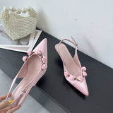 KYLETHOMASW  -  Pink High Heels Sexy Pointed Toe Slingback Shoes Summer Small Flower Low Heel Office Shoes Black Pumps White Talons Femme