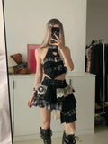 KYLETHOMASW  -  Summer Spicy Girl Vintage 2 Piece Sets Y2k Lace Splice Sleeveless Tops + Irregular Mini Skirt Female Punk Style Design Outfits