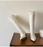 KYLETHOMASW  -  Autumn Winter Fashion Pleated Design Women Knee-High Boots Vintage Faux Suede Lace High heels Western Cowboy Long Booties Shoes