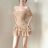 KYLETHOMASW  -  Summer New Women's Clothing One-word Collar Off-the-shoulder Ruffle Leaf Edge Hip-wrapped Cake Dress