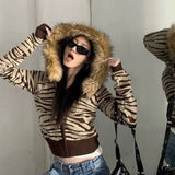 KYLETHOMASW  -  Zebra Print Knit Hooded Sweatshirt Sweater Fur Trimmed Retro Slim Long Sleeve Jacket Street Zip Up Full Winter Jumpers Coat