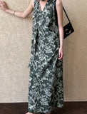 KYLETHOMASW  -  2025 New Korean Chic Summer Retro Ethnic Style V-neck Floral Print Strap Waist Cinching Slimming Floral Vest Dress