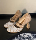 KYLETHOMASW  -  khaki Suede Lace Patchwork Mary Jane Pumps Retro Floral Lace Overlay Ankle Strap Block Heel Elegant Women's High Heels