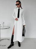 Kylethomasw Side Slit Long Dress For Women White Elegant Turn Collar Tie Midi Dresses Femme  New Street Loose Slender Dress Woman