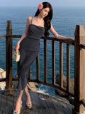 KYLETHOMASW  -  New Women Midi Dress Summer Spaghetti Strap Solid Pleated Sexy Bodycon Elegant Party Slim One Piece Clothes Vestidos