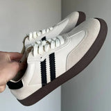 KYLETHOMASW  -  Women Genuine Leather Sneakers Round Toe Flats Mixed Colors Sewing Ladies Fashion Lace-up Shoes Spring Autumn Grey White new
