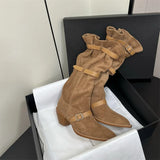 KYLETHOMASW  -  Vintage Pleated Belt Buckle Faux Suede Women Knee High Boots Autumn Winter Fashion High heels Western Cowboy Knight Boots Shoes