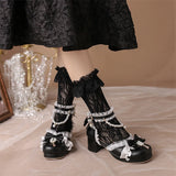 KYLETHOMASW  -  Women Kawaii Ankle Strap Lolita Pumps Round Toe Platform Thick Mid Heel Buckle Bow Bead Cosplay Lady Shoes Spring Autumn