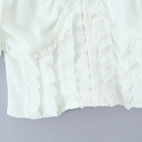 KYLETHOMASW  -  Sweet White Embroidery Hollow Out Hole Splice Lace Elastic U Collar Short Sleeve Shirt Women Center Buttons Slim Crop Tops