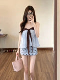 KYLETHOMASW  -  Summer Sweet Korean Style Polka Dot Halter Neck Short Skirt Set Women's Fashion Ensemble High Waist  Knot Design