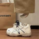 KYLETHOMASW  -  Women Contrast Double Laces Dad Sneakers Retro Hiking‑style Chunky Platform Shoes Pu Leather Lace‑up Casual Sneakers