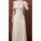 KYLETHOMASW  -  Elegant White One-Shoulder Dress Women's Summer New Beach Vacation High Waist Long Dress French Style Short Sleeve City