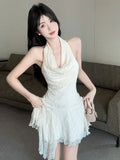 KYLETHOMASW  -  Fairycore Halter Sleeveless Party Dress Summer Sexy High Waist Backless Slim Fit  A-line Mini Dresses Gentle Fashionドレス