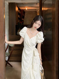 KYLETHOMASW  -  White V-neck Lace Up Short Sleeved Dress Women Summer New Lotus Leaf Edge Waist Cinching Slim Temperament Long Dresses