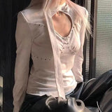 KYLETHOMASW  -  Rivet Hollow T-Shirt 2024 New Autumn Fashion Trend Floral Gray Bottoming Shirt Women With Tops Slim Slim