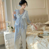 KYLETHOMASW  -  Spring Autumn New Sexy Women Pajamas Pure Desire Wind Ice Silk Lace Lace Bow Mesh Pajama Home Set