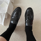 KYLETHOMASW  -  Women's New Retro Pleated Black Leather Penny Loafers Premium Eel Skin Texture Comfortable Slip-On Flats Daily Office Casual