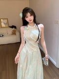 KYLETHOMASW  -  French Sweet Green Sleeveless Dress Women Summer Asymmetrical Lace Halter Neck Floral Maxi Dress Romantic Y2K Chic Fashionable
