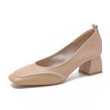 KYLETHOMASW  -  High Heels Women's Spring Summer Square Head Shallow Mouth Medium Heel Pumps Women's Thick Heel Soft Leather Commuter Work Shoes