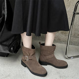 KYLETHOMASW  -  Luxury Women Ankle Boots Cow Suede Round Toe Motorcycle Boots Thick Low Heels Warm Autumn Winter Shoes Buckles Boots