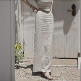 KYLETHOMASW  -  Cotton Linen Solid Skirt Women Design Elastic Waist Split Midi Skirts Spring Summer Straight Half Skirt Versatile 915P