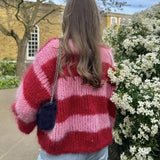 KYLETHOMASW  -  Women Autumn Winter Loose Fit Knitwear Jumpers Vintage Striped Fuzzy Knitted Sweater Casual Boat Neck Long Sleeve Pullover Tops