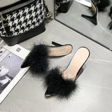 KYLETHOMASW  -  41-43 big size fur sandals high heels transparent slippers women brand designer feather sandalias mujer pointy open toe slides