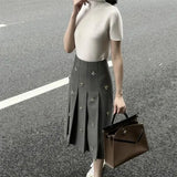 KYLETHOMASW  -  Vintage Diamond Beading Skirts for Women Summer New Preppy High Waist Slim A-line Pleated Skirt Y2k Jupe Faldas Muje Saia K488