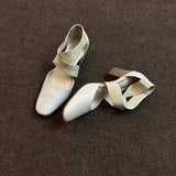 KYLETHOMASW  -  Women'sShoes Square Toe Thick Middle Heel Cross Elastic Cowhide Color Office Women Shallow Single Shoes