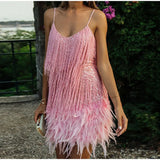 Kylethomasw New Sexy Tassel Sequins Feather Mini Dress Women Spaghetti Strap Stitching Dresses Female Elegant Evening Party Club Dress