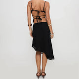 KYLETHOMASW  -  Women 2 Piece Skirt Outfit Boho Floral Spaghetti Strap Backless Tie Up Cami Crop Top Irregular Hem Midi Skirt Holiday Beachwear