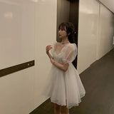 KYLETHOMASW  -  Women Sexy Mesh Skirt Sweet Kawaii Japanese Fairy Party Elegant Dresses Summer Fashion Bubble Sleeve White Short Sleeve Dress