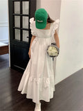 KYLETHOMASW  -  Summer Korean White Long Dress Women Ruffles Sweet Square Neck Backless A-Line Dress New Elegant Casual Women Clothes P739