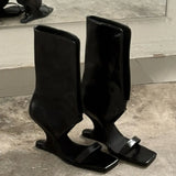 KYLETHOMASW  -  Europe and America Women Black Leather Cutout Mid Calf Sandal Boots Square Open Toe Single Strap Wedge Heel Slip On Tall Booties