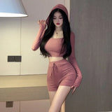 KYLETHOMASW  -  Sweet Hot Girl Pure Sexy Suit Women's Autumn Short Hooded Knitwear High Waist Tight Shorts Two-piece Set Fashion Female Clothes