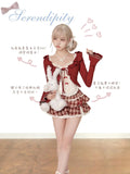 KYLTHOMASW  -   Red Sweet Cherry Summer Skirts Set Women Clothing Red Short Cardigan+Tank Top+High Waist Splicing Plaid Skirt Three Piece Set