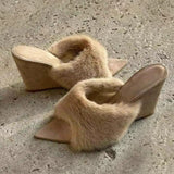 KYLETHOMASW  -  Plush Women's Autumn Slippers French Pointed Open-toed Fluffy Slippers Home Outdoors Fashion Wedge Shoes Women Heels Highquality