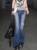 KYLETHOMASW  -  Harajuku Subculture Flared Jeans Woman Summer Y2k Gothic Hot Chick Streetwear Loose Jean Pants Vintage Design Distressed Clothes