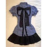 KYLETHOMASW  -  Vintage Sweet 2 Piece Set Bow Shirts Short Sleeve Casual Tops Y2k Slim Mini Skirt Harajuku Korea 90s Emo Grunge Summer Lolita