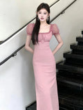 KYLETHOMASW  -  Summer Women Pink Sweet Midi Dress Elegant Sheer Sexy Puff Sleeve Corset Dresses Robe Cocktail Party Prom Daily Casual Vestidos