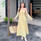 KYLETHOMASW  -  Korean Fashion Vacation Style Sweet 2024 Women's Summer Floral Dress Temperament Cardigan Two-piece Set Female Clothing