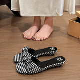 KYLETHOMASW  -  Summer Plaid Satin Bow Knot Women Slippers Concise Square Toe Lightweight Slip On Slides Outdoor Daily Walking Vacation Shoes