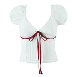 KYLETHOMASW  -  New Contrasting Bow Lace Trim White Blouse Women Sexy V Neck Puff Sleeve Slim Summer Crop Top